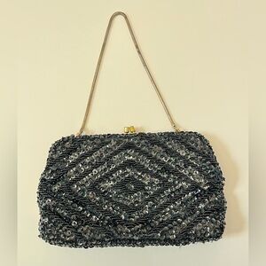 Vintage Art Deco Black Beaded Sequin Clutch Purse Evening Bag Hong Kong